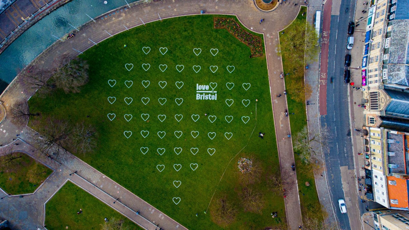 Aerial view of hearts on College Green